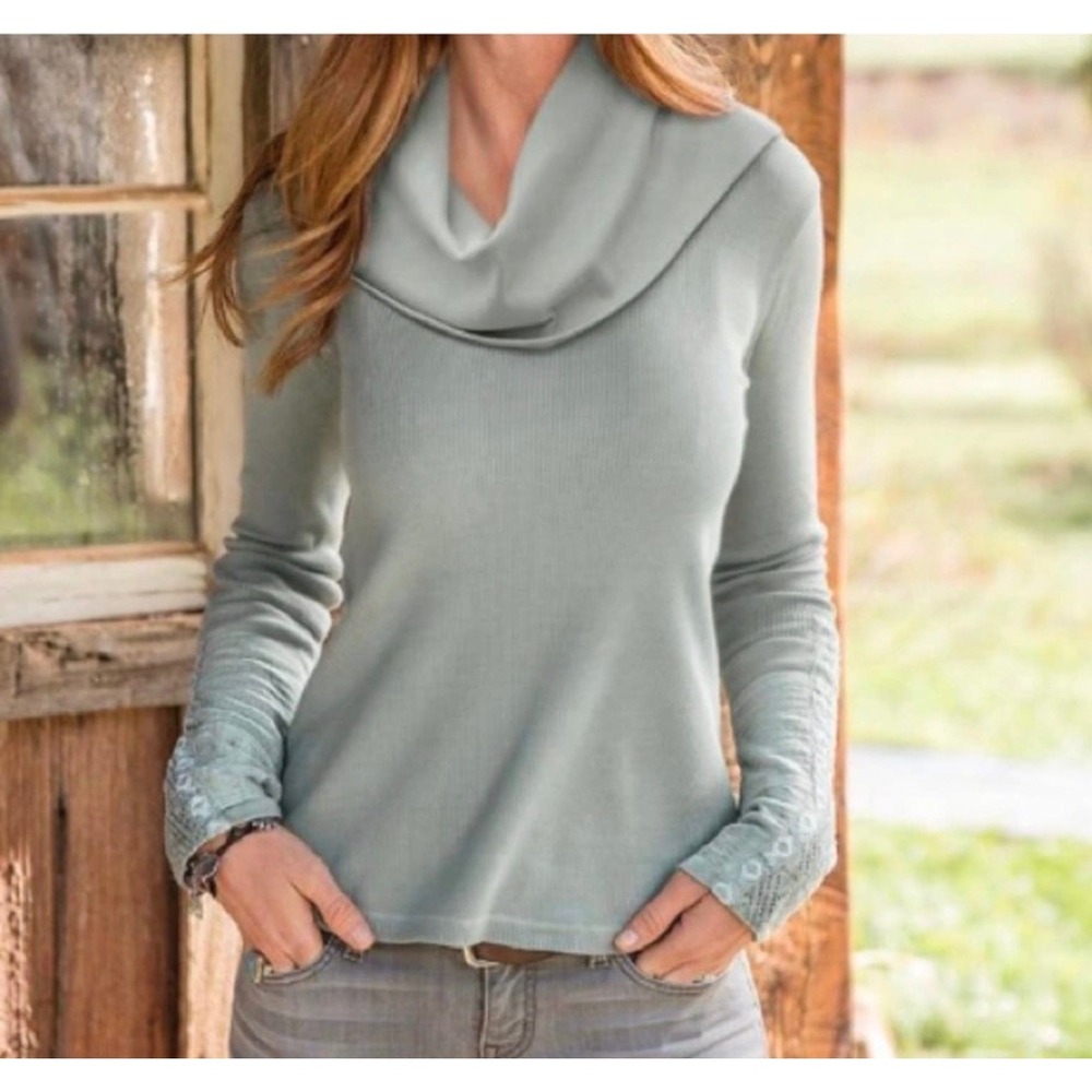 Sundance Fairy Grunge Waffle Knit‎ Cowl Neck Thermal Top Lace Cuff Womens Large